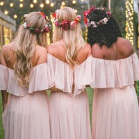 Off-the-shoulder Pastel Pink Ruffles Long Chiffon Bridesmaid Gowns,Floor-length Prom Dresses ,PD231257 - Thumbnail 1