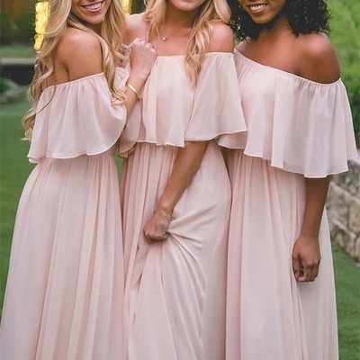 Off-the-shoulder pastel pink ruffles long chiffon bridesmaid gowns,floor-length prom dresses ,pd231257