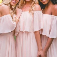 Off-the-shoulder Pastel Pink Ruffles Long Chiffon Bridesmaid Gowns,Floor-length Prom Dresses ,PD231257 - Thumbnail 2