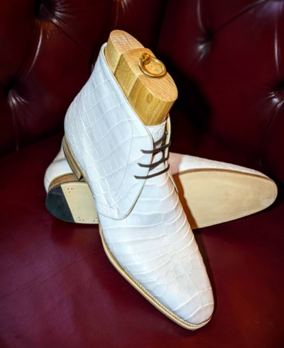 Handmade Men Dress Shoes White Crocodile Leather Chukka Boot