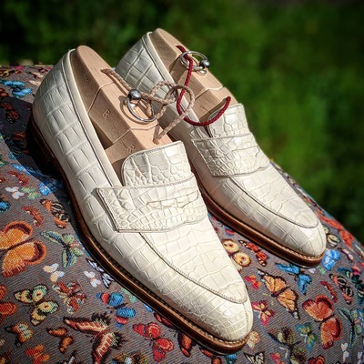 Handmade men white crocodile/alligator leather loafers dress shoes - Thumbnail 4