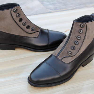 Handmade men dress shoes black gray suede leather ankle high button boot - Thumbnail 4