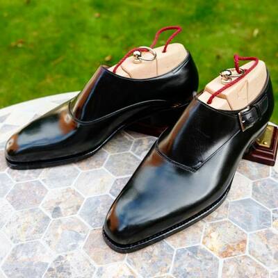 Handmade men black calf leather monk strap dress shoes - Thumbnail 3