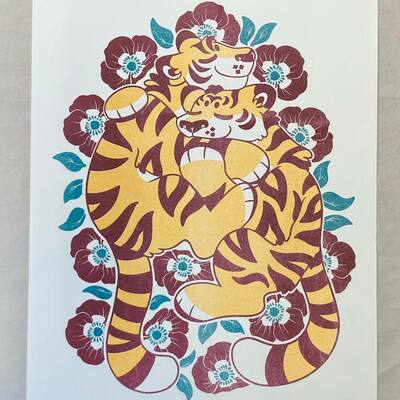Tigers & poppies risograph print