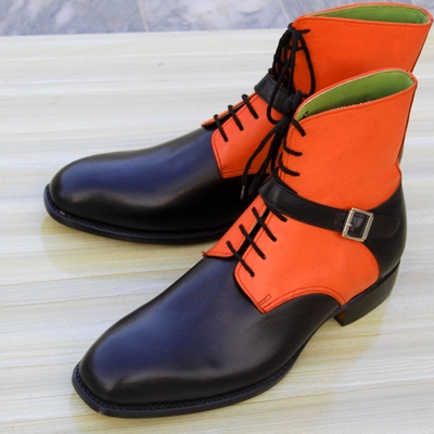 Crafted leather handmade men dress shoes black brown leather ankle strap boot - Thumbnail 3