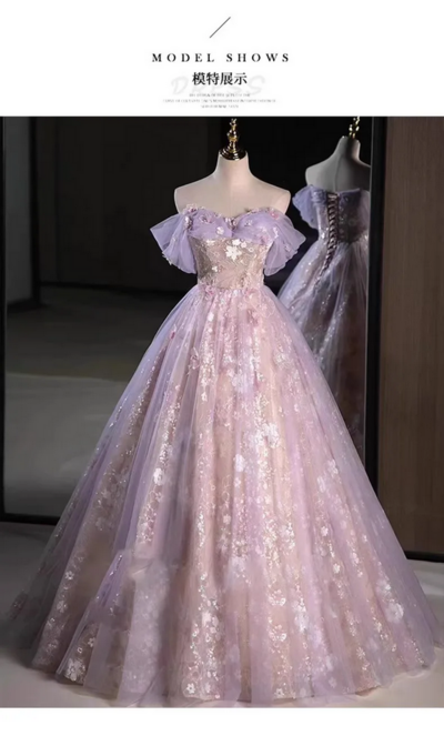 Beautiful Lace up Back Off Shoulder Lace and Tulle Evening Dress