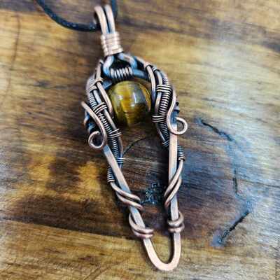 Handmade copper wire wrapped tiger’s eye pendant necklace – rustic unisex jewelry