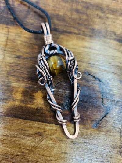 Handmade copper wire wrapped tiger’s eye pendant necklace – rustic unisex jewelry