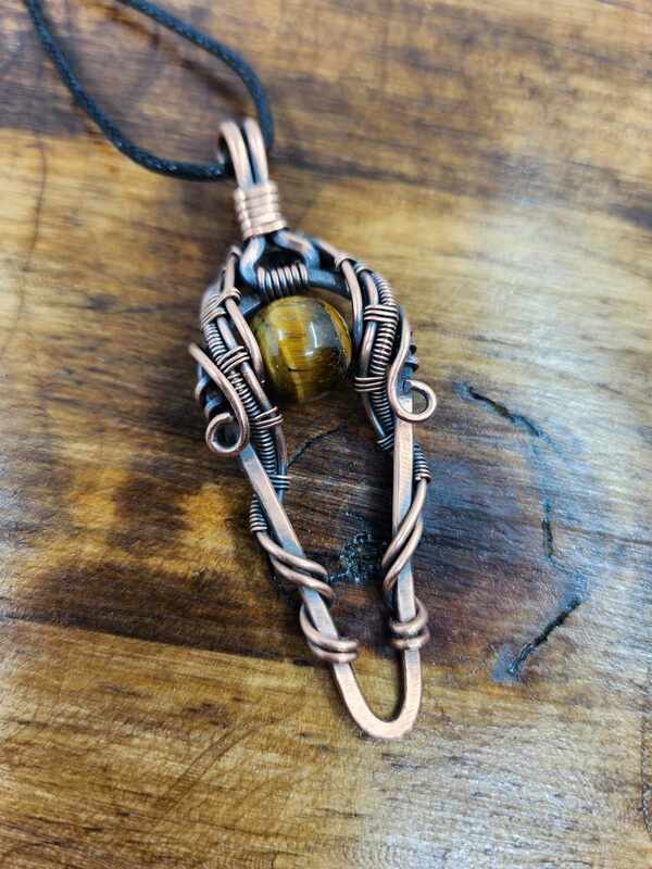 Handmade Copper Wire Wrapped Tiger’s Eye Pendant Necklace – Rustic Unisex Jewelry