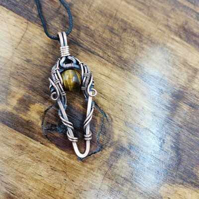 Handmade copper wire wrapped tiger’s eye pendant necklace – rustic unisex jewelry