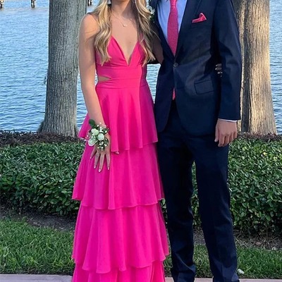 Cute a line  halter pink chiffon tiered v neck prom dress ,pd231259