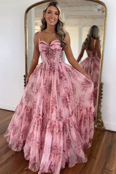 Pink Floral Prom Dresses Floor Length