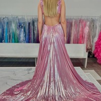 Cute A Line Pink Pleat Metallic Satin V Neck Long Prom Dress,PD231261 - Thumbnail 1