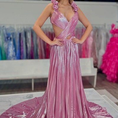 Cute a line pink pleat metallic satin v neck long prom dress,pd231261