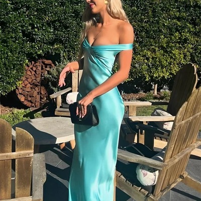 Charming sheath off the shoulder mint silk satin long prom dress ,pd231264