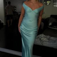Charming Sheath Off the Shoulder Mint Silk Satin Long Prom Dress ,PD231264 - Thumbnail 1