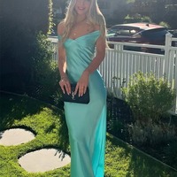 Charming Sheath Off the Shoulder Mint Silk Satin Long Prom Dress ,PD231264 - Thumbnail 2