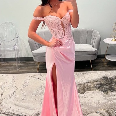 Charming off the shoulder pink satin mermaid prom dress with slit ,pd231265