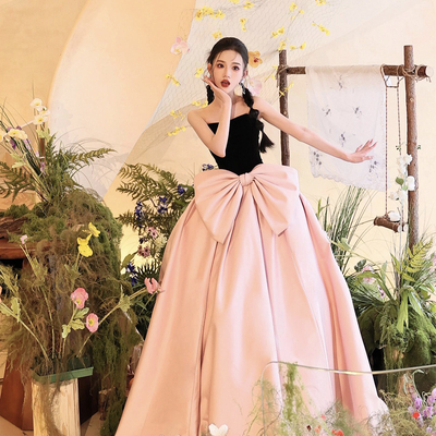 Black velvet and pink satin long prom party dress - Thumbnail 1