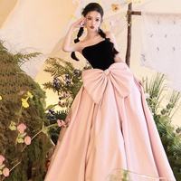 Black Velvet and Pink Satin Long Prom Party Dress - Thumbnail 2