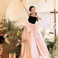 Black Velvet and Pink Satin Long Prom Party Dress - Thumbnail 3