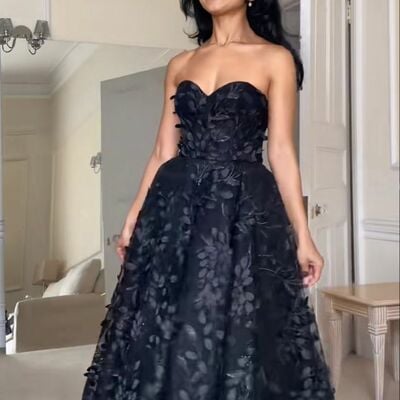 Black tea-length lace prom dress formal evening dresses