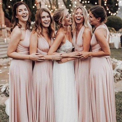 Elegant elastic satin floor length light pink long bridesmaid dress ,pd231266