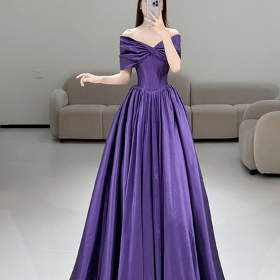 Purple satin long a-line prom princess dress - Thumbnail 2