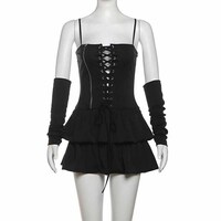 Sexy Lace Up Black Flare Dress With Gloves - Thumbnail 5