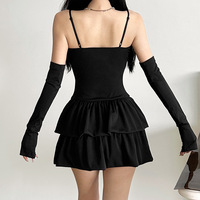 Sexy Lace Up Black Flare Dress With Gloves - Thumbnail 4