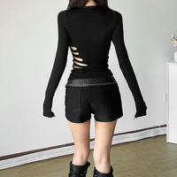 Solid Black Cut-out Long Sleeve Top - Thumbnail 5