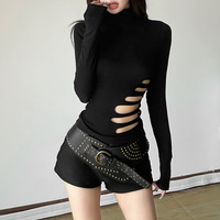 Solid Black Cut-out Long Sleeve Top - Thumbnail 1