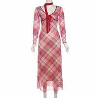 Fashion Plaid Long Sleeve Maxi Dress - Thumbnail 6