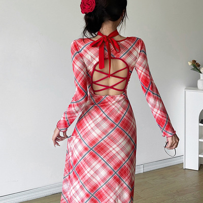 Fashion plaid long sleeve maxi dress