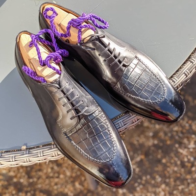 Handmade Men Black Calf Black Crocodile/Alligator Leather Dress Shoes