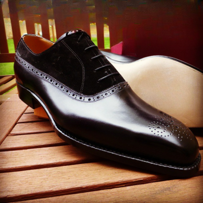 Handmade men black calf leather lace up dress shoes - Thumbnail 4