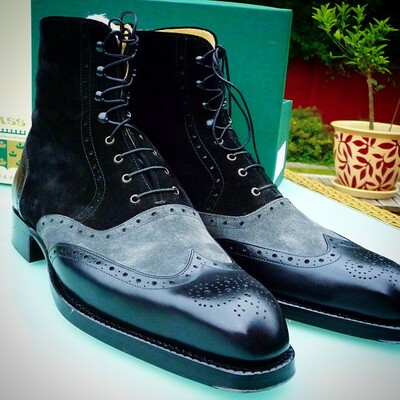Handmade men dress shoes tri tone leather ankle high boot