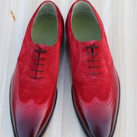 Men’s Classic RED Suede Leather Wingtip Oxford Dress Shoes Made by Crafted Leather - Thumbnail 1