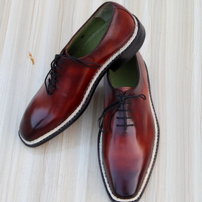 Crafted leather men’s classic brown patina leather norwegian welted lace up dress shoes - Thumbnail 4