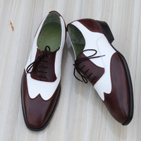 Crafted Leather Brown White Leather Wingtip Shoes Oxford Lace up Shoes - Thumbnail 1