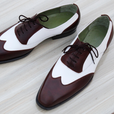 Crafted leather brown white leather wingtip shoes oxford lace up shoes - Thumbnail 4