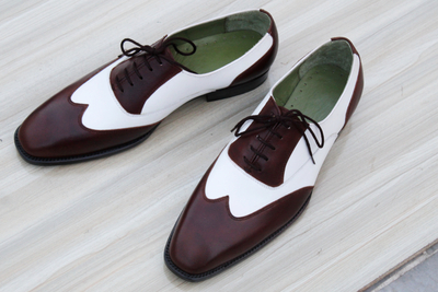 Crafted Leather Brown White Leather Wingtip Shoes Oxford Lace up Shoes