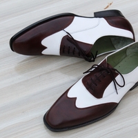 Crafted Leather Brown White Leather Wingtip Shoes Oxford Lace up Shoes - Thumbnail 2