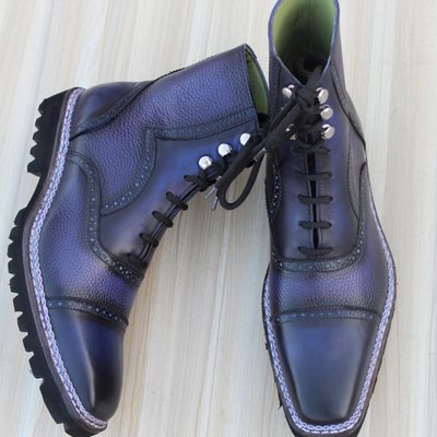 Crafted leather luxury dress shoes vintage high shine blue grain patina norwegian commando vibram sole ankle high adelaide boot