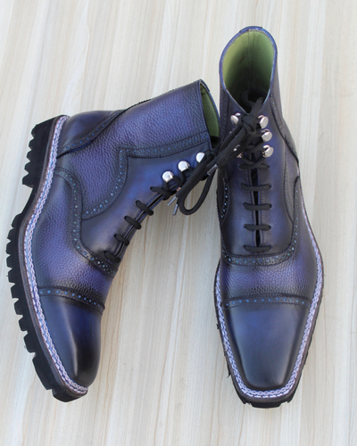 Crafted Leather Luxury Dress Shoes Vintage High Shine Blue Grain Patina Norwegian Commando Vibram Sole Ankle High Adelaide Boot