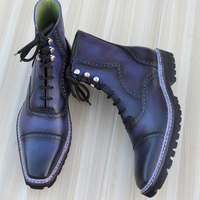 Crafted Leather Luxury Dress Shoes Vintage High Shine Blue Grain Patina Norwegian Commando Vibram Sole Ankle High Adelaide Boot - Thumbnail 1