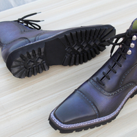 Crafted Leather Luxury Dress Shoes Vintage High Shine Blue Grain Patina Norwegian Commando Vibram Sole Ankle High Adelaide Boot - Thumbnail 2