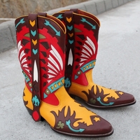 Crafted Leather Classic Dress Shoes Multi Color Leather Designer Fashion Ankle Cowboy Pointed Toe Boot  - Thumbnail 2