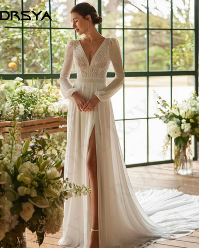 Classy Chiffon Long Sleeve Bohemian Wedding Dress