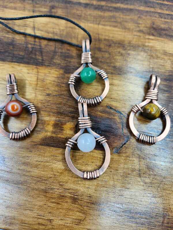 Handmade Copper Wire Wrapped Gemstone Pendant – Boho Rustic Necklace with Stone Bead